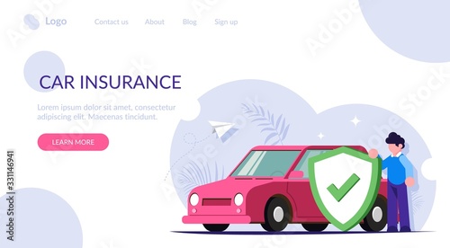 Car insurance concept. People insured his property against accidents or natural disasters. Man with a shield in the background of a car. Modern flat vector illustration. Landing web page template.