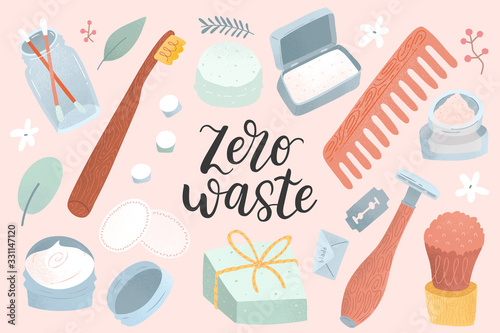 Zero waste supplies for personal hygie and skin, hair care, Natural soap, bamboo toothbrush, reusable cotton pads and ear buds, natural wooden brush. Sustainable lifestyle. 