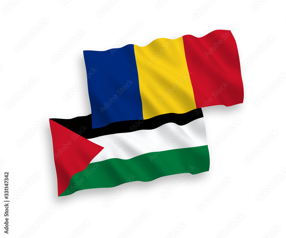 Flags of Romania and Palestine on a white background Flags of Romania and Palestine on a white background