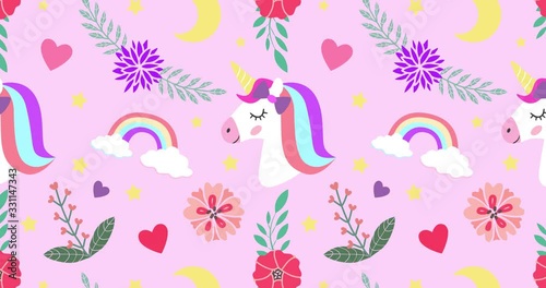Cute unicorn, princess concept, girl beauty seamless pattern isolated on pink background. Vector cartoon design. Magic unicorn, heart, rainbow, stars, flowers, Pop style. 4K animation