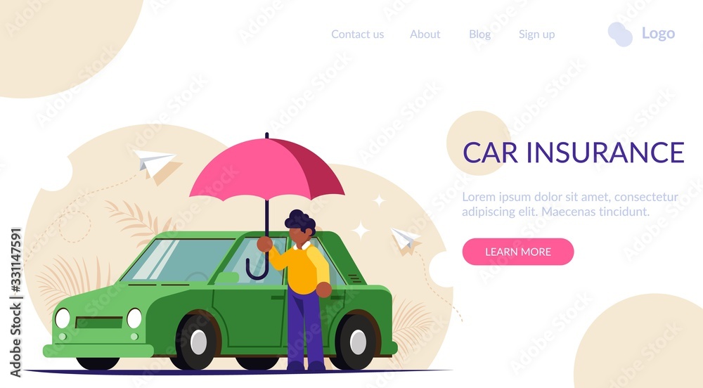 Car insurance against natural disasters. People with an umbrella stands near his car. Modern flat vector illustration.