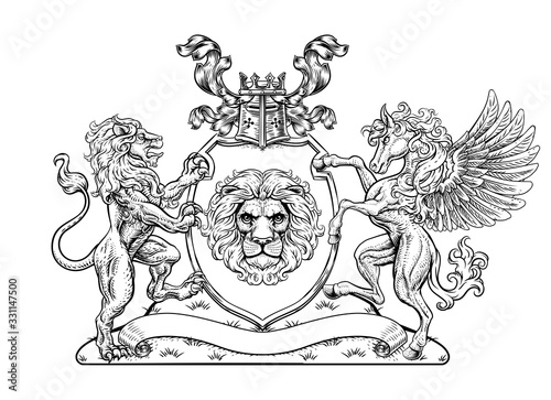 A crest coat of arms family shield seal featuring lions and Pegasus horse with wings