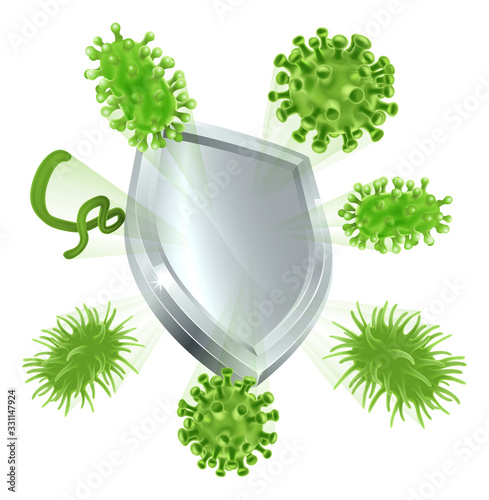 A shield deflecting virus or bacteria cells medical health concept, possibly for immunisation or vaccination protection and herd immunity