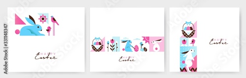 Easter posters or banners design templates with eggs, flowers, bunnies in Cartoon Geometric Style. Vector Illustration