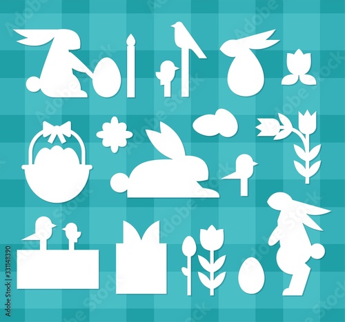 Easter Icons, Stickers. Silhouettes of Main Symbols - eggs, flowers, bunnies, basket in Cartoon Geometric Style. Vector Illustration