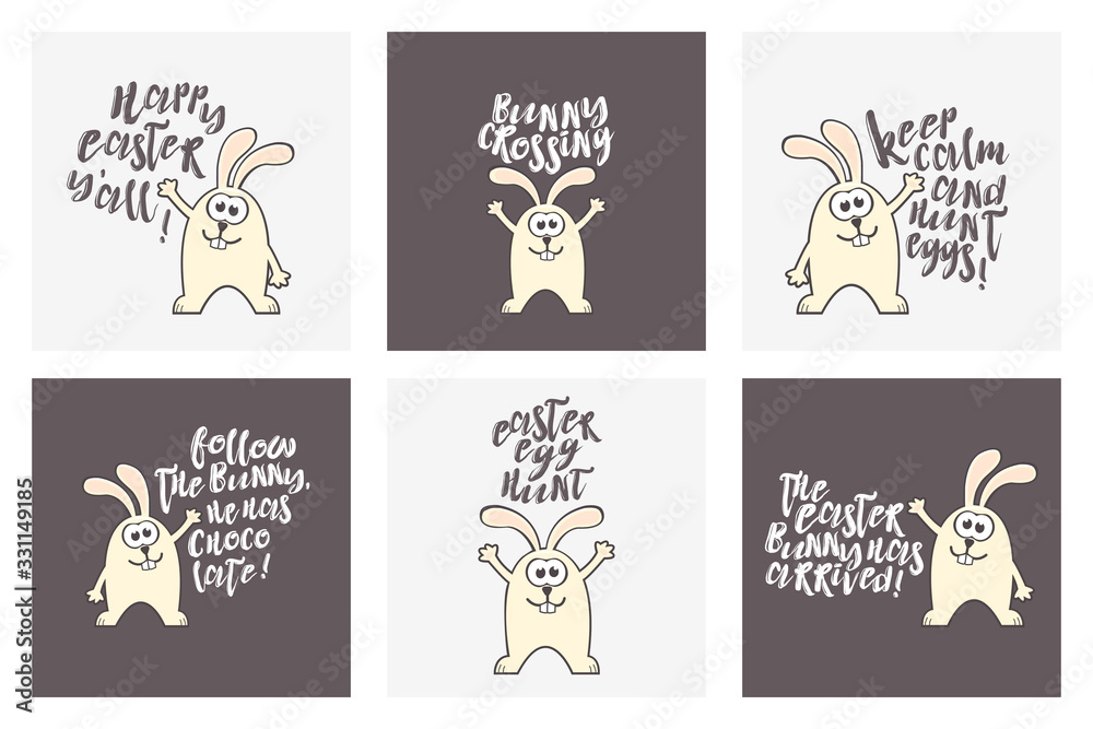 Set of Easter patterns and greeting cards with rabbit and text
