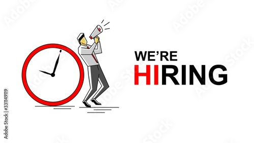 the young man shouted holding a megaphone.Flat concept vector website template and landing page design of male employer shouting into megaphone about hiring professional employee