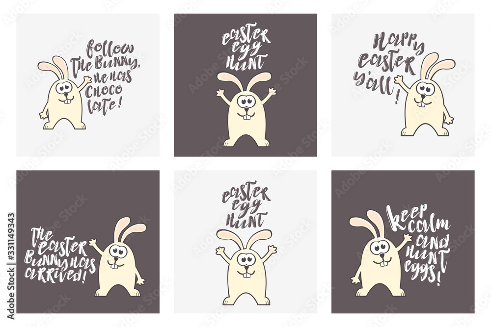 Set of Easter patterns and greeting cards with rabbit and text