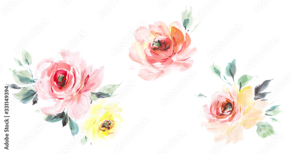 Flowers watercolor illustration.Manual composition.Big Set watercolor elements.