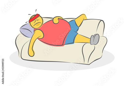 Lazy tired fat athlete is lying on the couch. Concept of bad willpower. Fitness gym illustration.