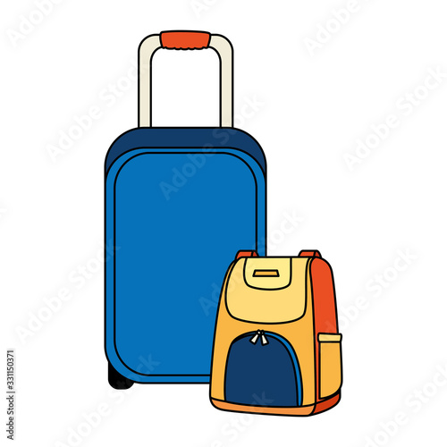 wheeled suitcase with backpack isolated icon vector illustration design