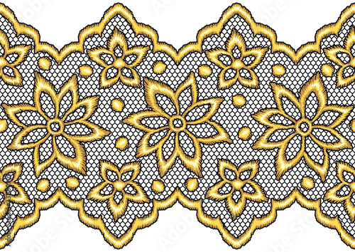 Lace seamless pattern with gold flowers.