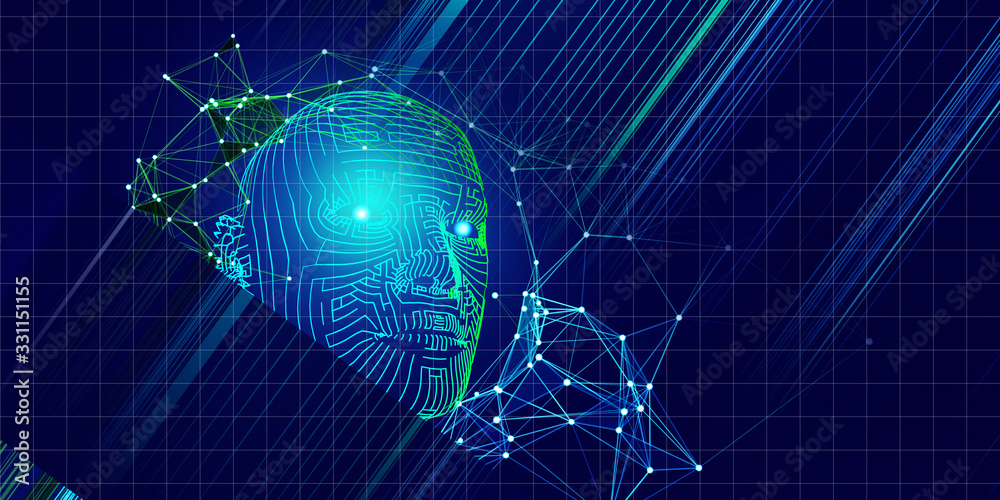 Obraz premium Technology background of 3d grid head with blurred lines. AI. Artificial intelligence concept for business and scientific.
