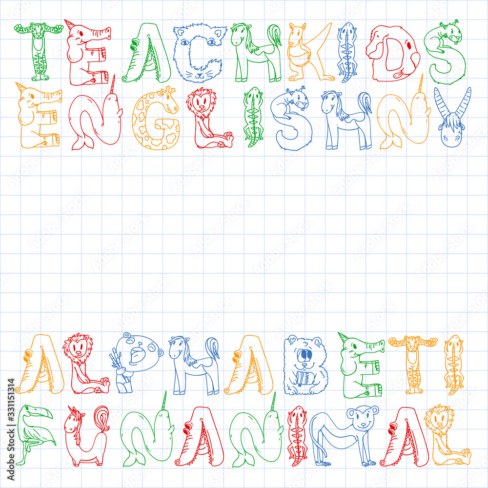 Animal alphabet. Zoo alphabet. Letters from A to Z. Cartoon cute animals. Elephant, dog, flamingo, giraffe, horse, alligator, bear, cat.