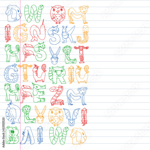Animal alphabet. Zoo alphabet. Letters from A to Z. Cartoon cute animals. Elephant, dog, flamingo, giraffe, horse, alligator, bear, cat.