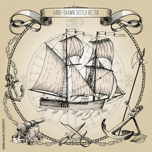 Adventure stories. Pirate background. Vintage border frame. Old caravel, vintage sailboat. Cannon, ghost ship, shipwreck, sea battle