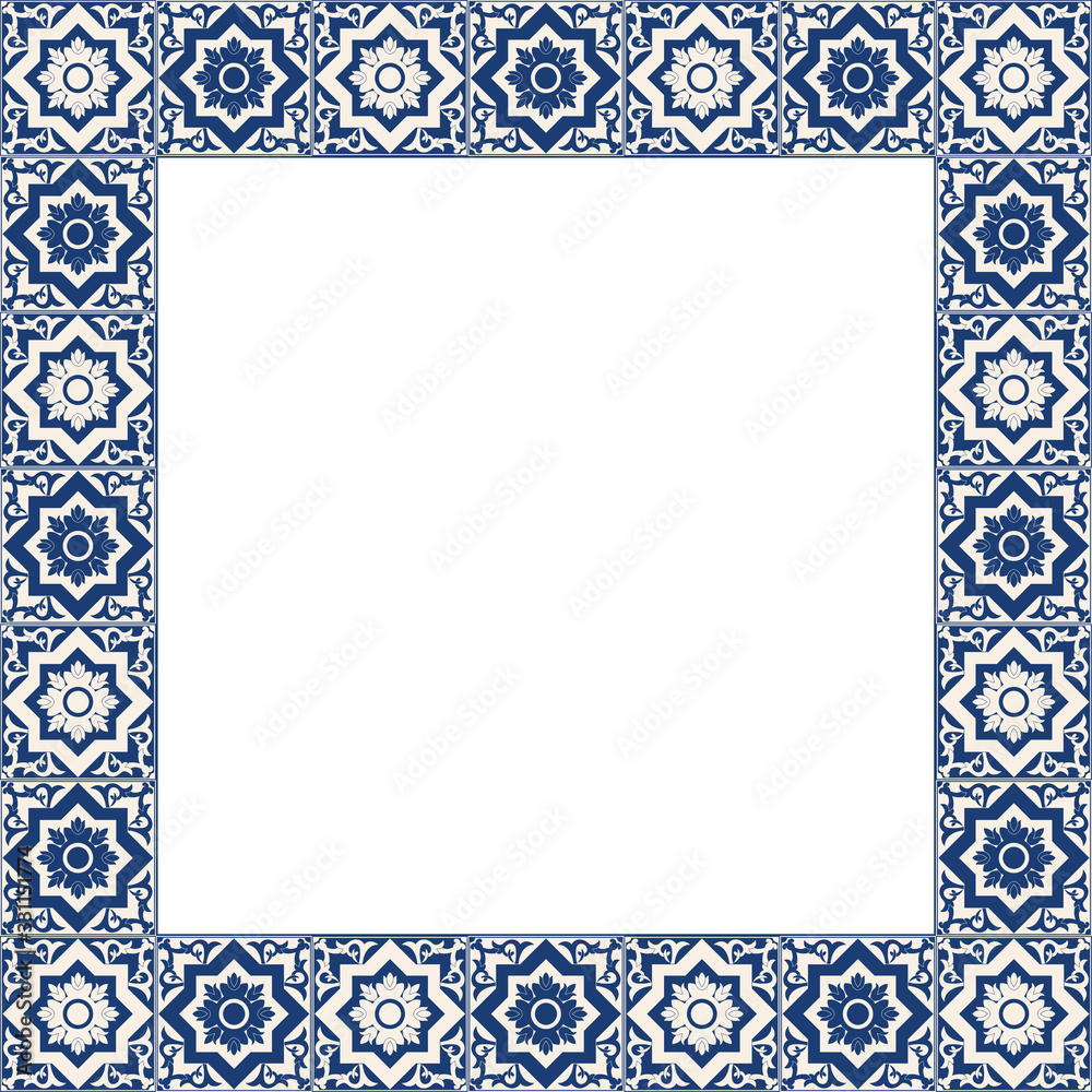 Tile frame vector. Vintage border pattern. Floral ceramic decor design. Spanish mosaic, portugal azulejos, italian sicily majolica, mexican talavera motifs.