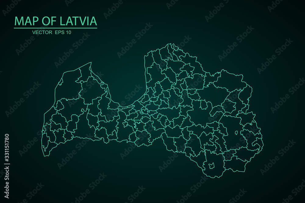 Obraz premium Mapa kraju Łotwy, Łotwa mapa - niebieskie geometryczne popsute trójkątne tło gradientowe w stylu low poly gradient, wysoka szczegółowa niebieska mapa Łotwy. Wektor ilustracja eps 10. - Wektor