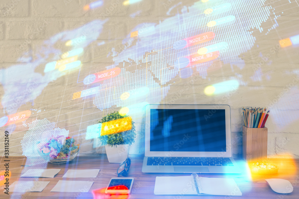 Multi exposure of desktop with personal computer and tech theme drawing. Concept of Bigdata.