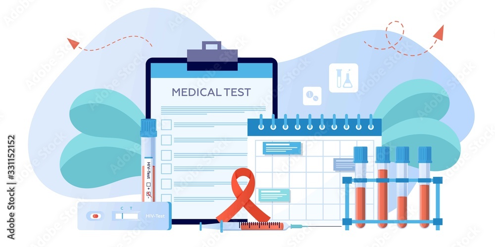 World AIDS Day1 December, red ribbon. Aids,and HIV awareness. Test for HIV, tube and dropper with blood samples. Blood clinical laboratory analysis. Banner, flyer, landing page template