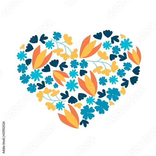 floral heart shape  spring romantic greeting card with colorful flowers. vector illustration