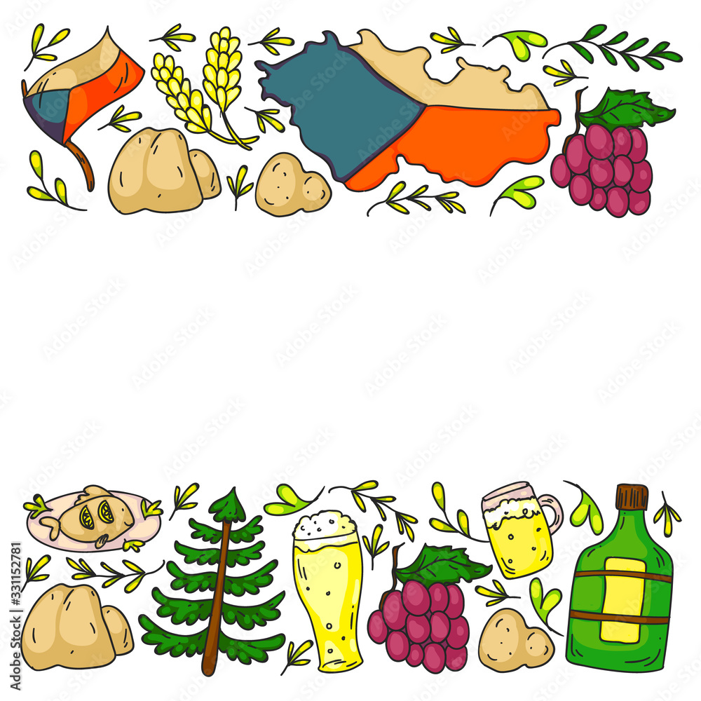 Fototapeta premium Vector pattern with symbols of Czech Republic. Set with tourism icons and landscapes elements. Travel to country. City, cathedral, building, European architecture. Illustration with landmarks