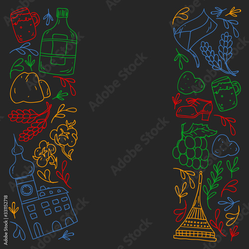 Vector pattern with symbols of Czech Republic. Set with tourism icons and landscapes elements. Travel to country. City, cathedral, building, European architecture. Illustration with landmarks