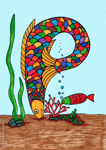 Fototapeta Naklejka Na Ścianę i Meble -  Color drawing on a marine theme, fish and algae, pond, summer, made with markers, fish in the shape of the letter P