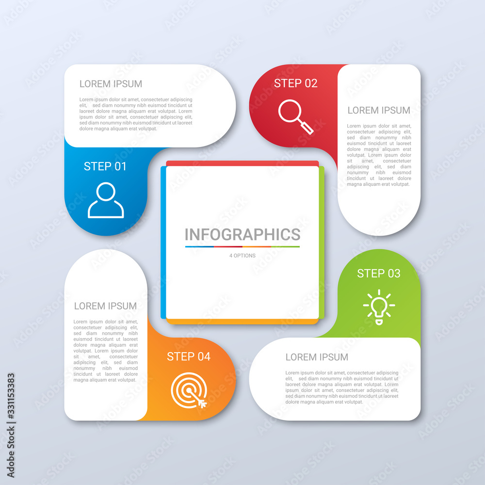 Colorful timeline infographic template with 4 steps on gray background, vector illustration Colorful timeline infographic template with 4 steps on gray background, vector illustration