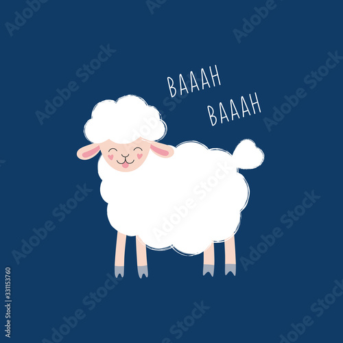 Cute white sheep, cartoon animal character. Vector illustration for children.