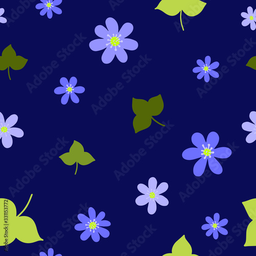 Blossoms of Hepatica and leaves seamless pattern. Botanical seamless pattern.