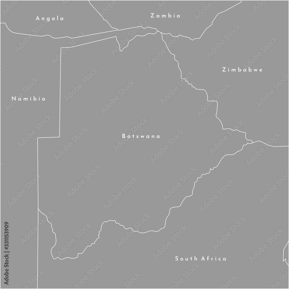 Vector modern illustration. Simplified map of Botswana in the centre and borders with neighboring countries (Namibia, Zimbabwe, Zambia, South Africa). Grey shapes, white outline Vector modern illustration. Simplified map of Botswana in the centre and borders with neighboring countries (Namibia, Zimbabwe, Zambia, South Africa). Grey shapes, white outline