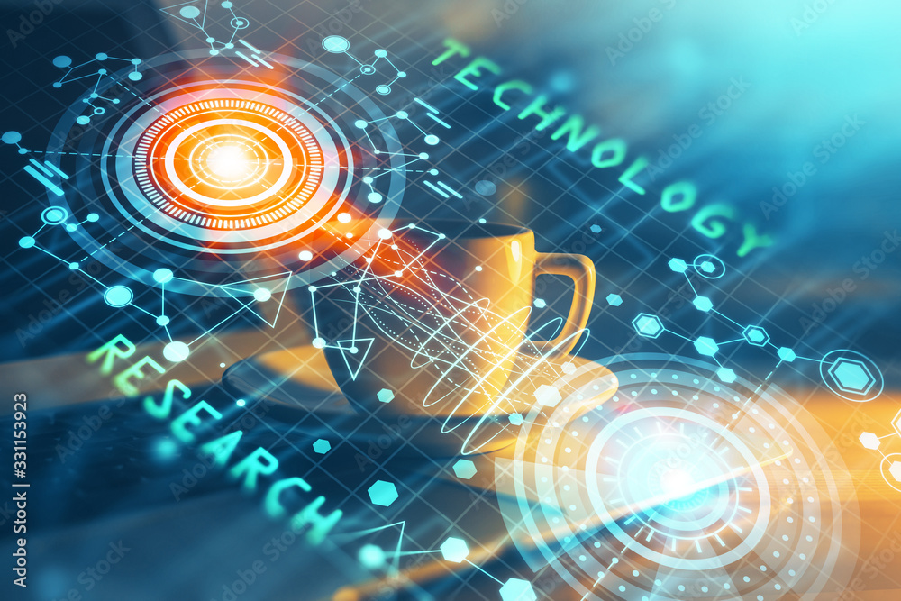 Double exposure of desktop computer and technology theme hologram. Concept of software development. Double exposure of desktop computer and technology theme hologram. Concept of software development.