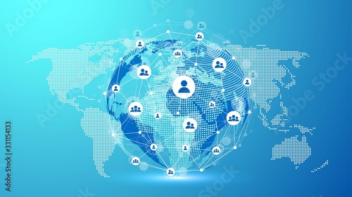 Global network connection concept. Big data visualization. Social network communication in the global computer networks. Internet technology. Business. Science. Vector illustration