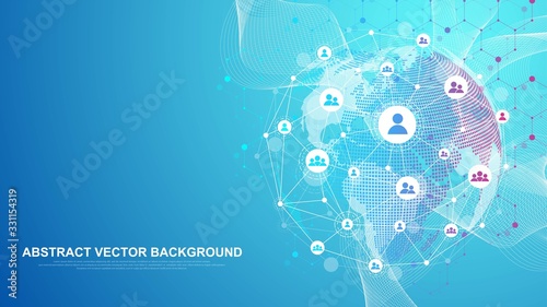 Global network connection concept. Big data visualization. Social network communication in the global computer networks. Internet technology. Business. Science. Vector illustration