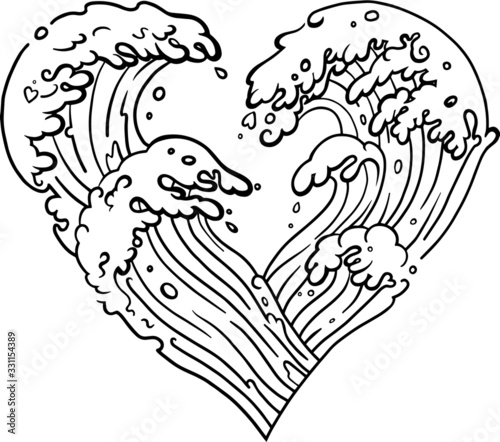 Vector stylized heart with waves. Heart shaped waves in the sea. Inspirational tattoo.  Isolated vector illustration.