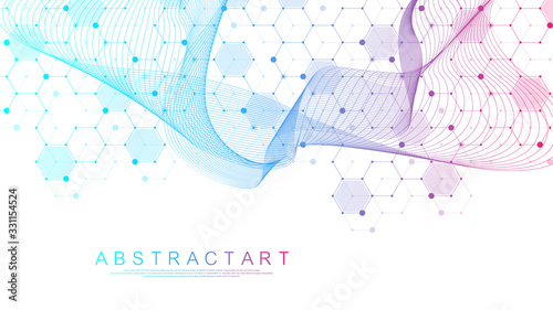 Technology abstract lines and dots connect background with hexagons. Hexagons connection digital data and big data concept. Hex digital data visualization. Vector illustration.