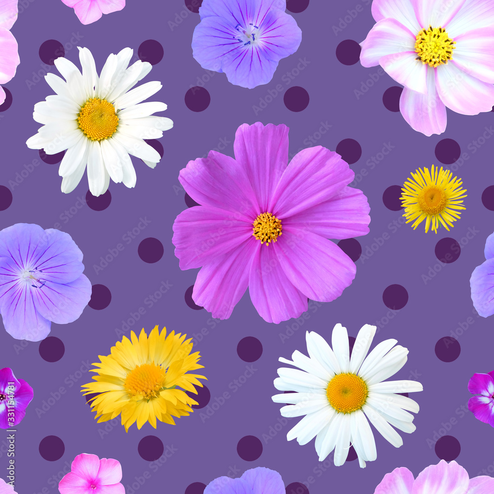 Seamless floral pattern on a purple polka dot background, a background of summer flowers, a print for fabric, a photoreaistic collage. Seamless floral pattern on a purple polka dot background, a background of summer flowers, a print for fabric, a photoreaistic collage.