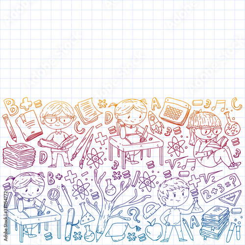 Online education concept. Vector icons and elements for little children, college, internet courses. Doodle style, kids drawing.