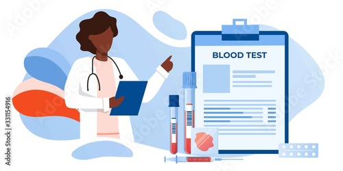 Medical blood test flat concept. Chemical laboratory analysis, medical office or laboratory. Patient blood in test tubes. Banner, flyer, landing page template. Exam checklist blank document