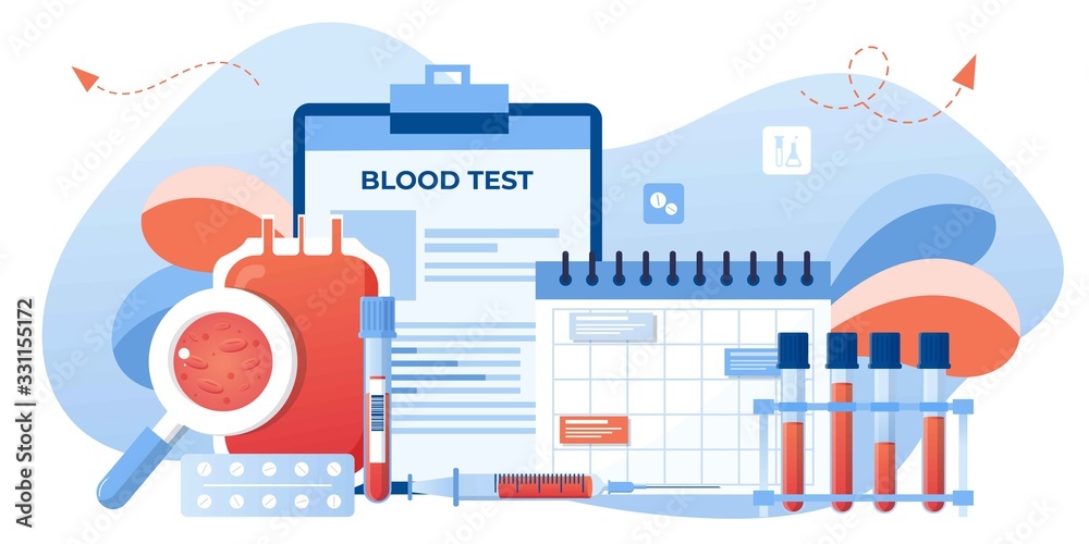 Medical blood test flat concept. Chemical laboratory analysis, medical office or laboratory. Patient blood in test tubes. Banner, flyer, landing page template. Exam checklist blank document