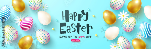 Happy Easter sale card withcolorful eggs and chamomiles.Vector illustration. Template banners,Wallpaper,flyers, invitation, posters, brochure, voucher discount. photo