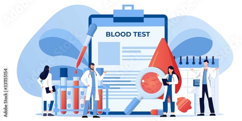 Medical blood test flat concept. Chemical laboratory analysis, medical office or laboratory. Patient blood in test tubes. Banner, flyer, landing page template. Exam checklist blank document