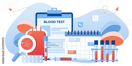 Medical blood test flat concept. Chemical laboratory analysis, medical office or laboratory. Patient blood in test tubes. Banner, flyer, landing page template. Exam checklist blank document