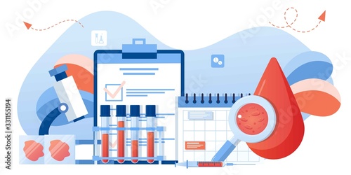 Medical blood test flat concept. Chemical laboratory analysis, medical office or laboratory. Patient blood in test tubes. Banner, flyer, landing page template. Exam checklist blank document