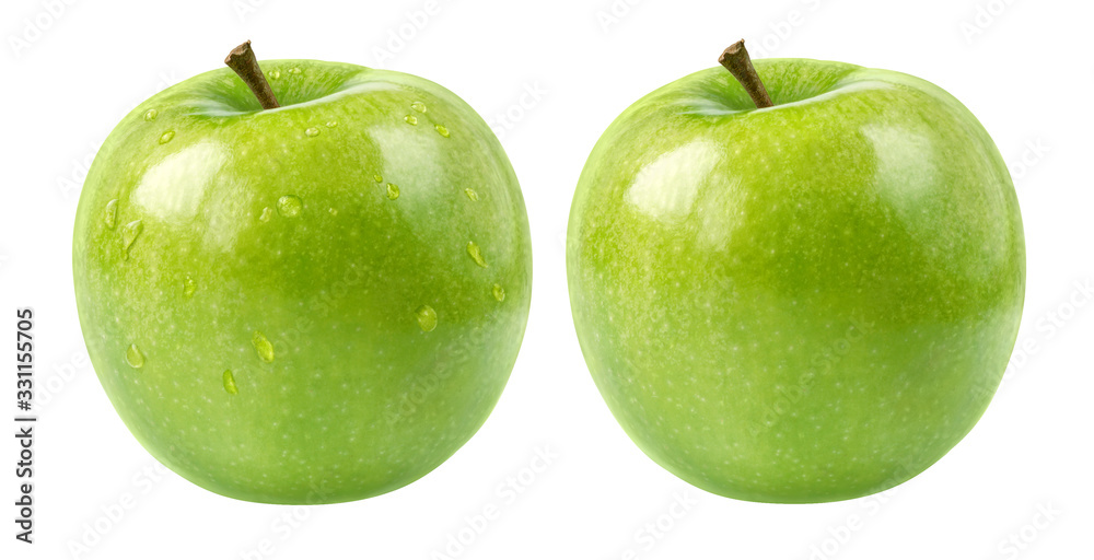 Green apples isolated on white. One apple with dew drops. Green apples isolated on white. One apple with dew drops.