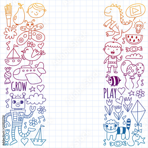 Online education for toddlers. Lessons for children in internet. Vector pattern for kindergarten banners, posters with moon, planet, spaceship, rocket, sun, fruits, house, flowers.
