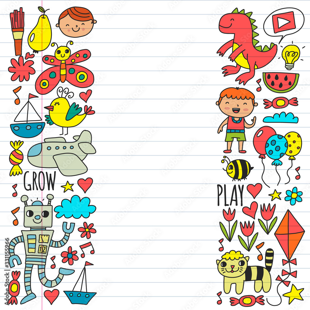 Online education for toddlers. Lessons for children in internet. Vector pattern for kindergarten banners, posters with moon, planet, spaceship, rocket, sun, fruits, house, flowers. Online education for toddlers. Lessons for children in internet. Vector pattern for kindergarten banners, posters with moon, planet, spaceship, rocket, sun, fruits, house, flowers.