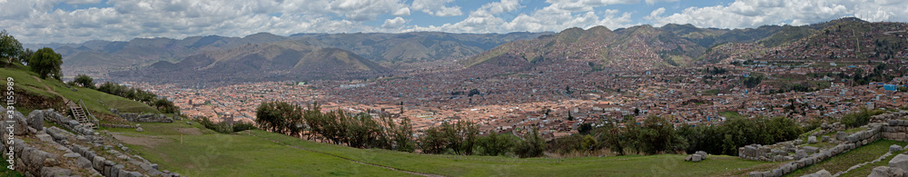 Sacsayhuamán. Overview city panorama Peru. Cusco. Saqsaywaman valley