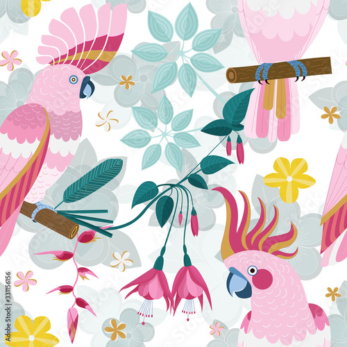 Flat Pink Parrots and Exotic Flowers Pattern